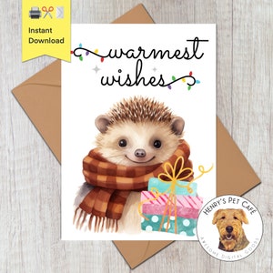 Cute Christmas Hedgehog Printable Greeting Card, DIY Instant Download 5x7 card, Cute Holiday Card Perfect for animal lovers, Small Pets