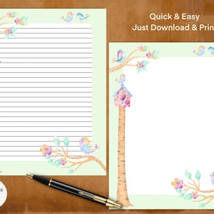 Papelería imprimible de pajaritos lindos / Papel de nota digital / Descarga instantánea / Escritura de papel de carta por correspondencia / Acuarela Kawaii pájaros silvestres