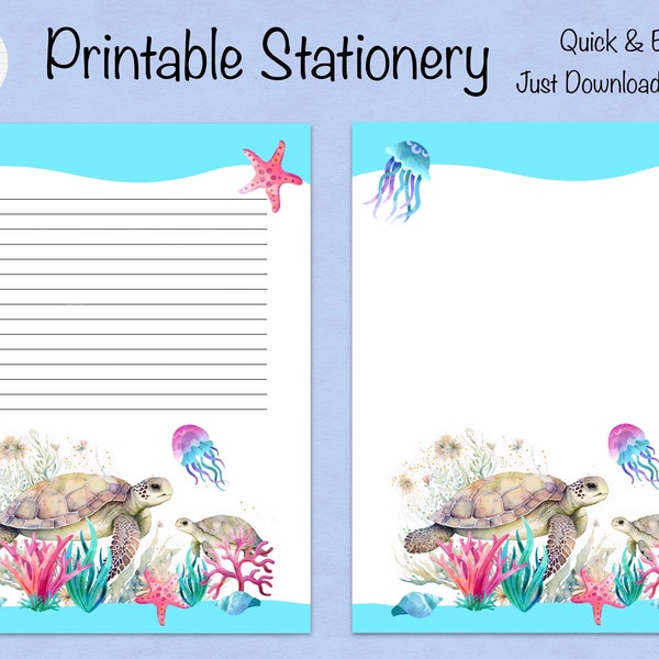 Sea Turtle Printable Stationery / Digital Note Paper / Instant Download / Writing Paper / Ocean Sea Fish Creatures Wildlife Art