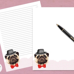 Puede incluir: Dos hojas de papel de carta blanco con un pug que lleva un sombrero fedora gris y una pajarita roja en la parte inferior. Una hoja tiene líneas negras horizontales, mientras que la otra está en blanco. Un bolígrafo negro descansa sobre la hoja.