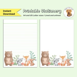Cute Woodland Animals Printable Stationery / Digital Note Paper / Instant Download / Writing Vintage Paper / Bear Fox Raccoon Rabbit Bunny