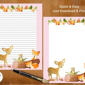 Cute Woodland Critters Papeterie imprimable / Papier de note numérique / Téléchargement instantané / Écriture Papier de correspondance / Cerf Renards Hibou Créatures de la forêt