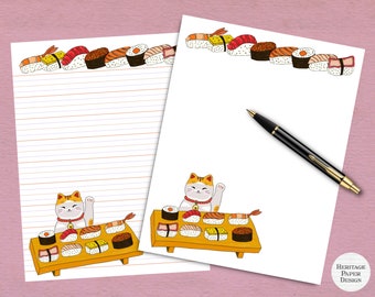 Sushi and Cat Printable Stationery / Digital Note Paper / Instant Download / GoodNotes / Kawaii Note Paper / Cute Lucky Cat Sushi Japanese