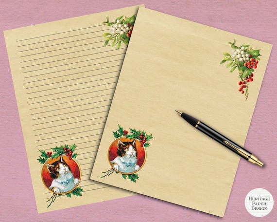 Vintage Christmas Cat Printable Stationery / Textured Digital | Etsy