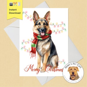 Deutscher Schäferhund druckbare Weihnachts-Grußkarte, DIY sofortiger Download, 5 x 7 Karte, niedliche Weihnachtskarte perfekt für Hundewelpen-Liebhaber