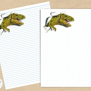 May include: Two printable sheets of paper with a dinosaur peeking out of the top. One sheet has blue lines and the other has a dotted pattern.