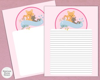 Pode incluir: Papelaria imprimível rosa com uma ilustração fofa de dois gatos com flores e uma fita azul. O texto "Heritage Paper Design" está no canto inferior esquerdo.