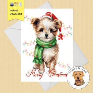 Tarjeta de felicitación de Navidad imprimible del cachorro más lindo, descarga instantánea de bricolaje, tarjeta 5x7, tarjeta navideña linda perfecta para los amantes de los perros, Yorkiepoo, chucho