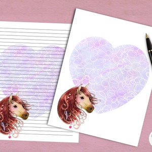 Heart Horse Printable Stationery #3 / 8.5 x11 and A4 Sizes / Instant Download / GoodNotes / Cute Horse Pony Pets Digital Note Paper / Penpal