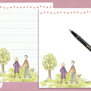 May include: A watercolor illustration of a couple walking with a dog in a park. The couple is holding hands and the dog is walking behind them. The illustration is on a white background with a blue and green border.