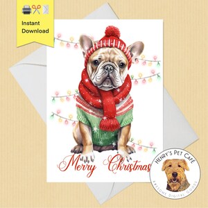 Französische Bulldogge druckbare Weihnachts-Grußkarte, DIY sofortiger Download, 5 x 7 Karte, niedlicher Urlaub Frenchie Hündchen perfekt für Hundewelpen-Liebhaber