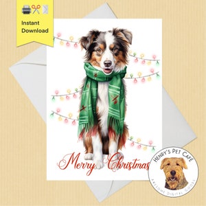 Australian Shepherd Weihnachten druckbare Grußkarte, DIY Instant Download 5 x 7 Karte, süße Weihnachtskarte perfekt für Hundeliebhaber, australischer Hund