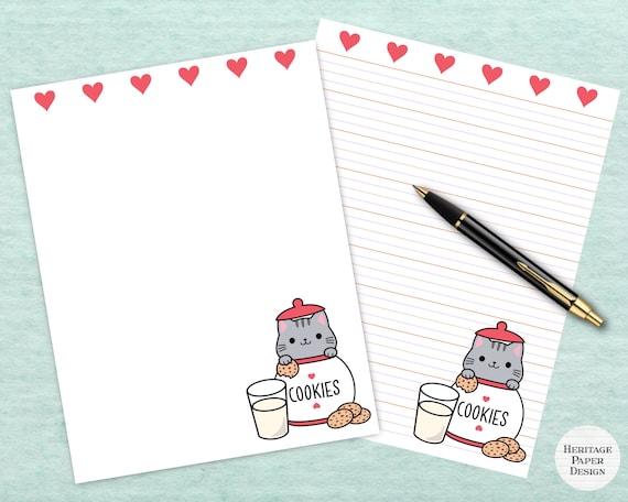 cute milk and cookies cat printable stationery digital note etsy