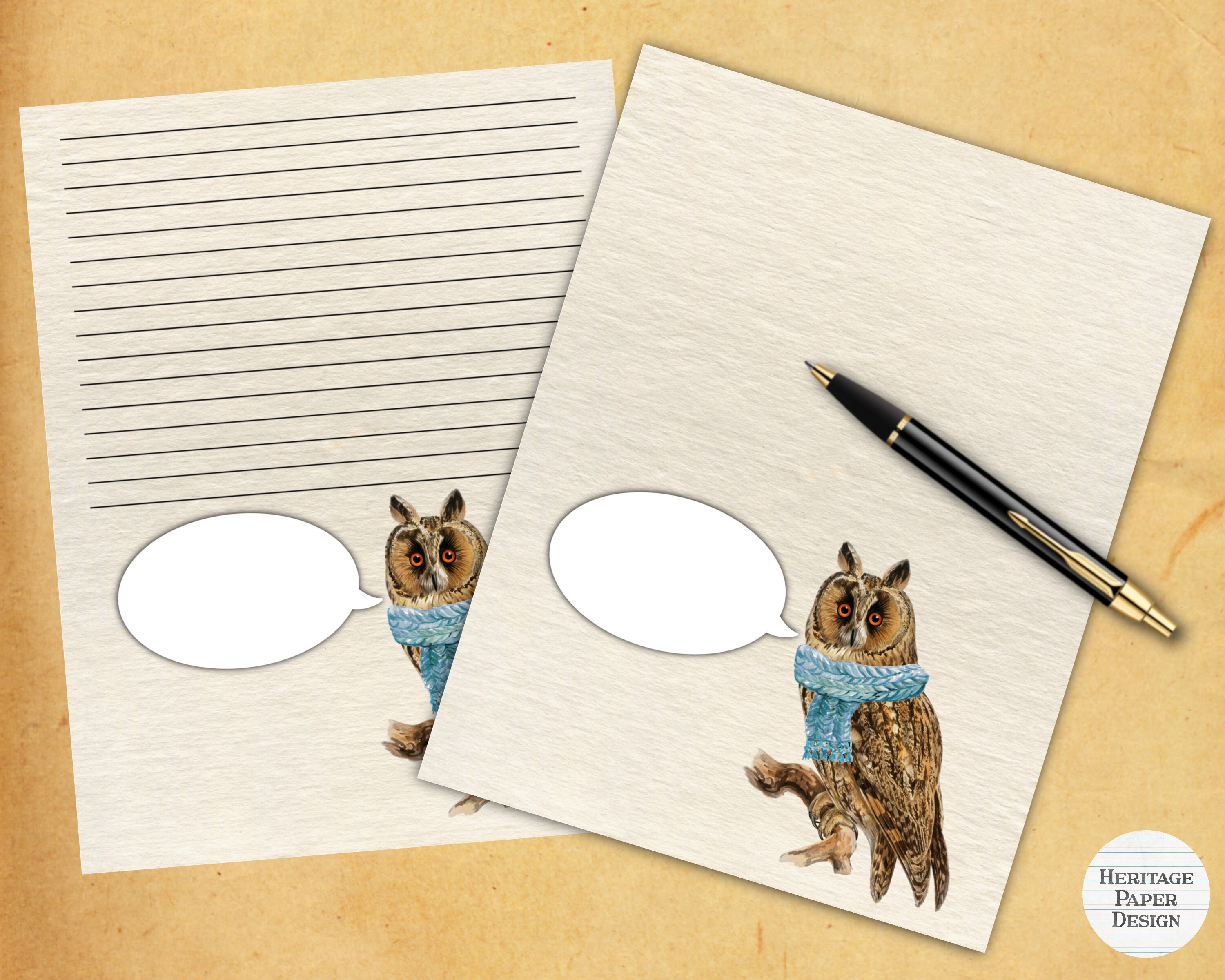 Horned Owl Printable Stationery 8.5x11 & A4 Size Digital Paper ...