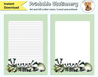 Cute Forest Badger Printable Stationery / Digital Note Paper / Instant Download / Writing Paper / Badger Family / Baby Animals