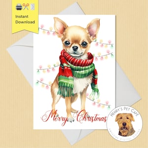 Afdrukbare kerstkaart, schattige Chihuahua Puppy, 5 x 7 formaat, Instant Digitale Download, Cadeau voor hondenliefhebbers, prettige kerstvakantie