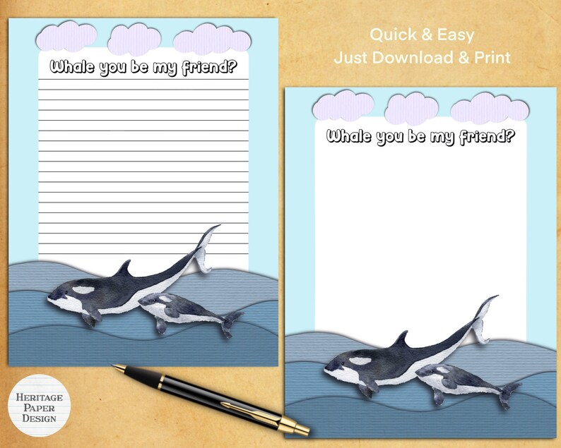 Cute Whales Printable Stationery / Digital Note Paper / Instant