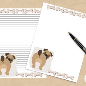 May include: A printable stationery set featuring a pug dog with a bone border. The pug is brown and tan and is looking back over its shoulder. The bone border is white.