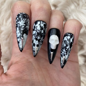 Black and white 3D skull gothic press on Nails fake nails false nails glue on nails Halloween nails image 3