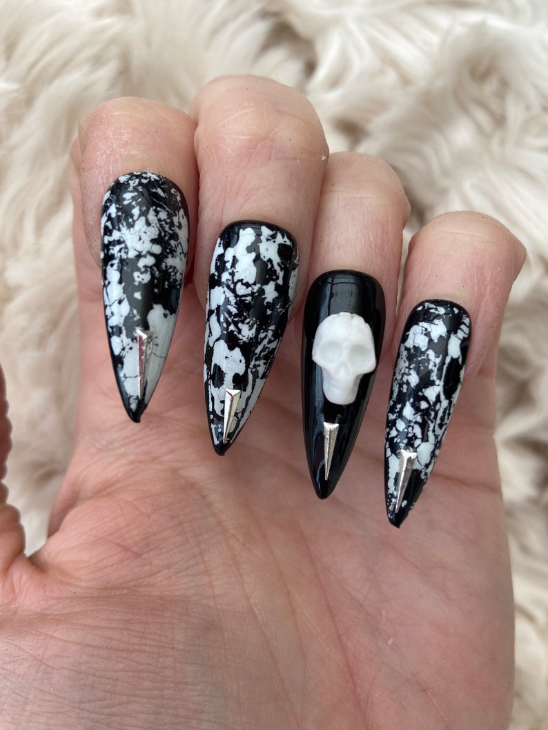 Black and white 3D skull gothic press on Nails fake nails false nails glue on nails Halloween nails image 3