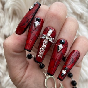 Red And Black Marble Crystal Cross Gothic Press On Nails | fake nails | false nails gothic nails | stick on nails | glue on nails