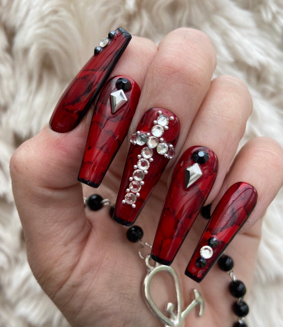 Dark Red with Hearts Rhinestones Design, Press On Nails, Fake Nails, Glue On Nails