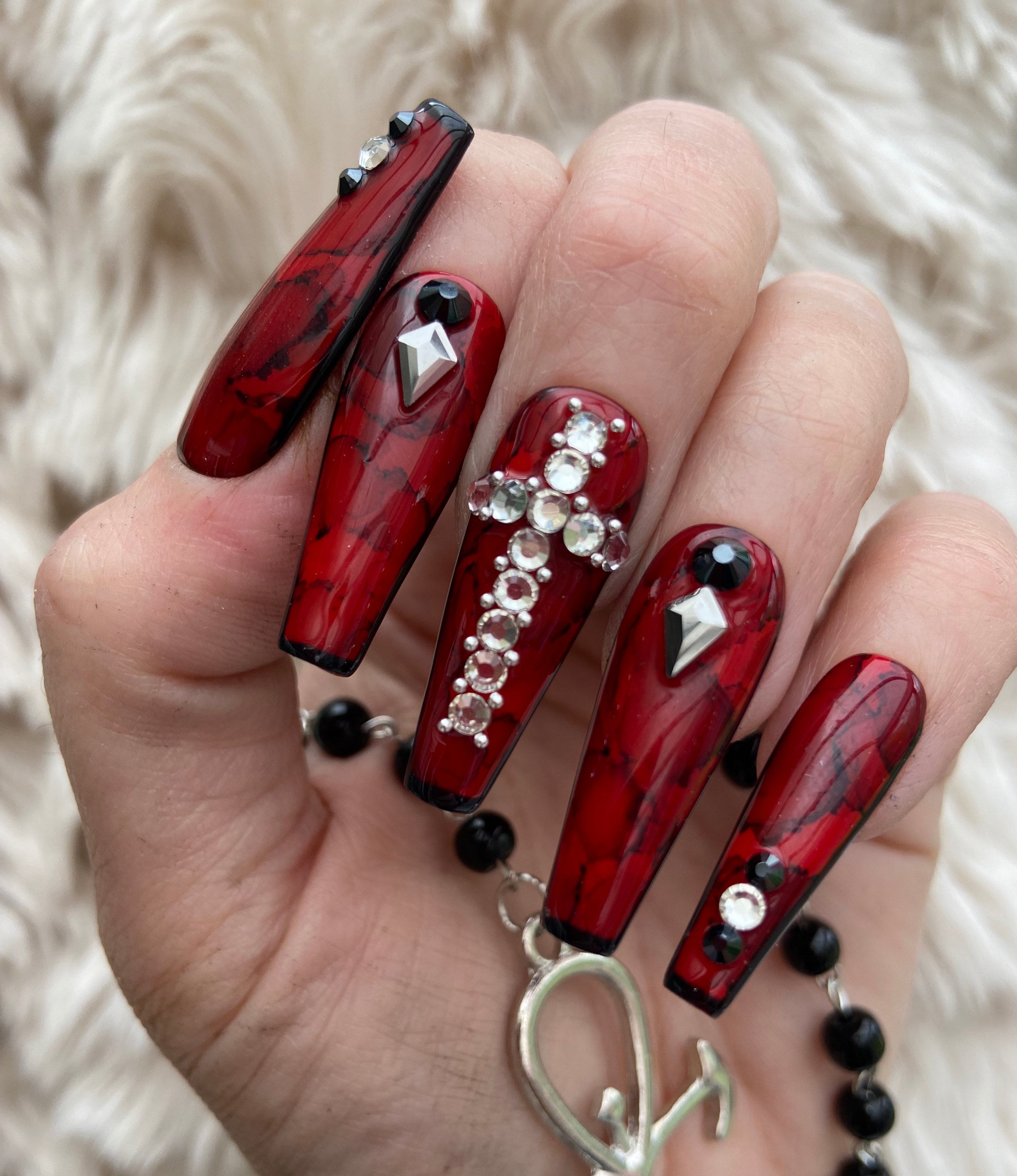 Crystal Gothic Nails with Marble Cross Design