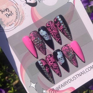 Hot Pink and Black Floral Skull gothic Press On Nails with Crystals stick ons press ons glue ons image 2