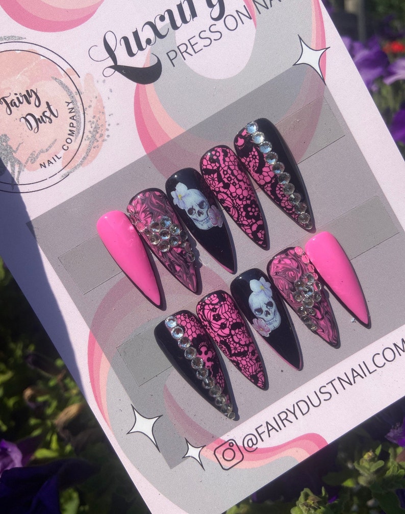 Hot Pink and Black Floral Skull gothic Press On Nails with Crystals stick ons press ons glue ons image 2