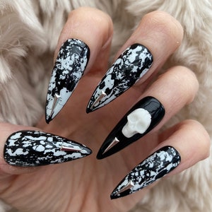 Black and white 3D skull gothic press on Nails fake nails false nails glue on nails Halloween nails image 6