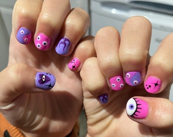 Pink and Purple Evil Eye Flame Press On Nails | Glue on Nails | Stick On Nails | Fake Nails | False Nails | Halloween Nails
