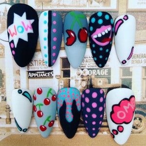 Matte Monochrome Cherry Pop Art Press On Nails | fake nails | false nails | glue on nails | stick on nails