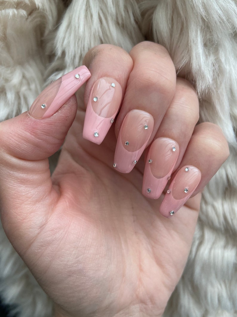 Pink French Tip Crystal Press On Nails glue on nails stick on nails fake nails false nails image 6