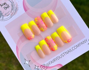 Bright Yellow Floral French Manicure Press on Nails | summer nails | spring nails | glue on nails