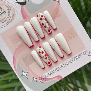 White Cherry Press On Nails False Nails fake nails glue on Nails stick on nails image 1