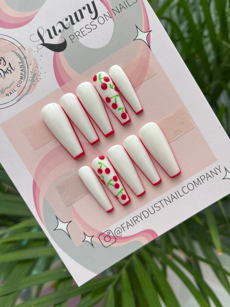 White Cherry Press On Nails False Nails fake nails glue on Nails stick on nails image 1