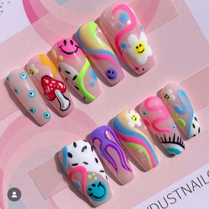 Mix and Match Quirky Summer nails | fake nails | false nails | glue on nails | stick on nails | cloud nails
