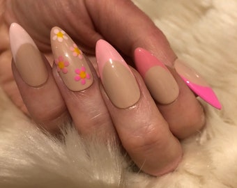 Pink Gradient French Tip Spring Flowers Press On Nails | stick on nails | glue on nails | false nails | fake nails