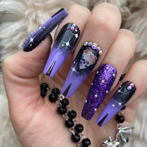 Black and Purple Ombré Skull Press On Nails fake nails false nails glue on nails stick on nails Halloween nails image 1