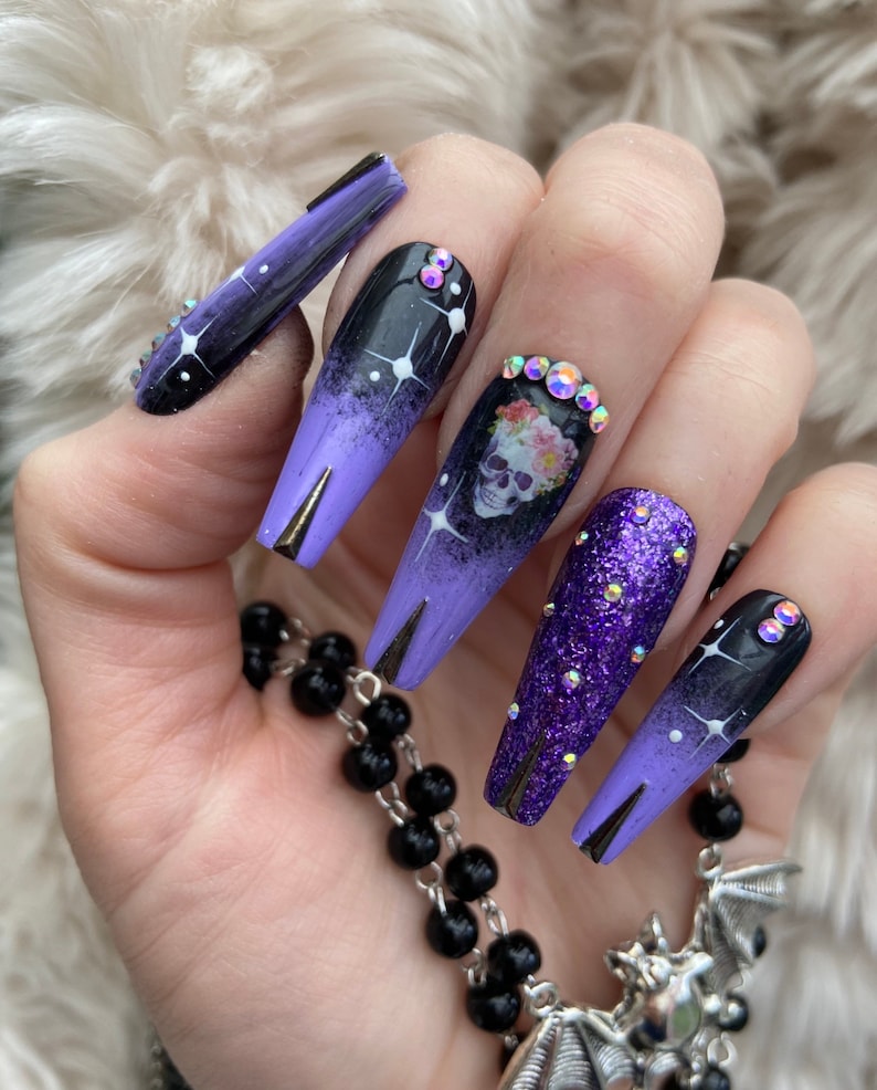 Black and Purple Ombré Skull Press On Nails fake nails false nails glue on nails stick on nails Halloween nails image 1