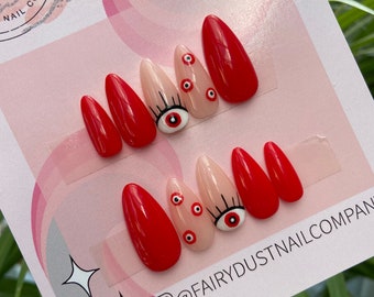 Pressão de mau-olhado vermelho nas unhas | Cola nas unhas | Cole nas unhas | Unhas postiças | Unhas Postiças | Unhas de Halloween
