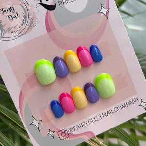 Multicoloured French Tip Press On Nails | festival nails | fake nails | false nails | glue on nails | stick on nails | press ons