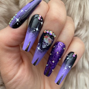Black and Purple Ombré Skull Press On Nails fake nails false nails glue on nails stick on nails Halloween nails image 2