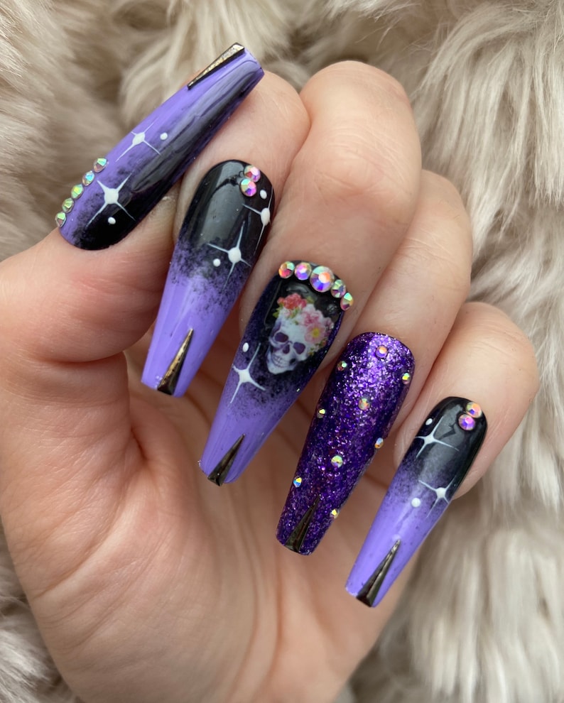 Black and Purple Ombré Skull Press On Nails fake nails false nails glue on nails stick on nails Halloween nails image 2