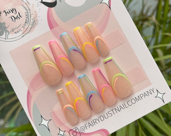 Rainbow Hollow French Tip Press On Nails | acrylic nails | glue on nails | fake nails | false nails
