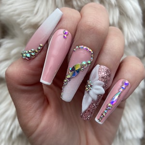 Pink Ombre Flower Crystal Press On Nails | fake nails | false nails | glue on nails | stick on nails
