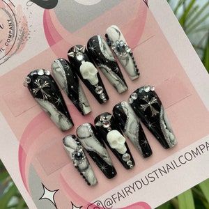 Black  And White Marble Skull and Gothic Cross Press On Nails | fake nails | false nails | glue on nails | stick on nails | halloween nails