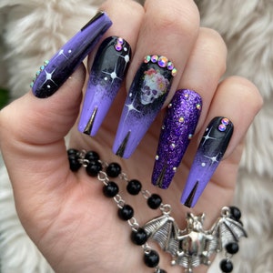 Black and Purple Ombré Skull Press On Nails fake nails false nails glue on nails stick on nails Halloween nails image 3