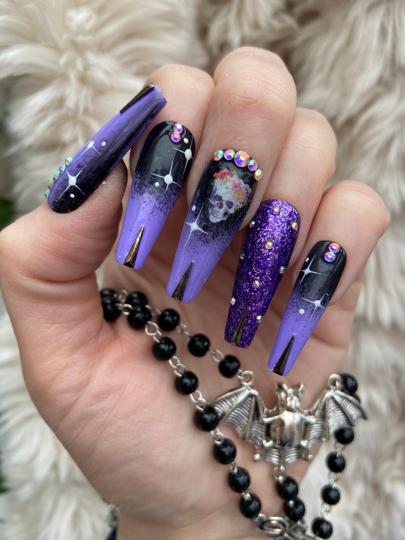 Black and Purple Ombré Skull Press On Nails fake nails false nails glue on nails stick on nails Halloween nails image 3