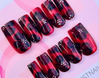 Chrome Red and Black Floral Gothic  Press On Nails | glue on Nails | stick on nails |fake nails | false nails | gothic nails